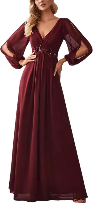 Women's V-Neck Long Lantern Sleeve Elegant Evening Dress Pretty A-Line Chiffon Burgundy Flower Belt Ball Gown