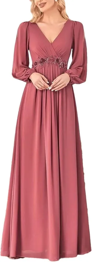 Women's V-Neck Long Lantern Sleeve Elegant Evening Dress Pretty A-Line Chiffon Burgundy Flower Belt Ball Gown