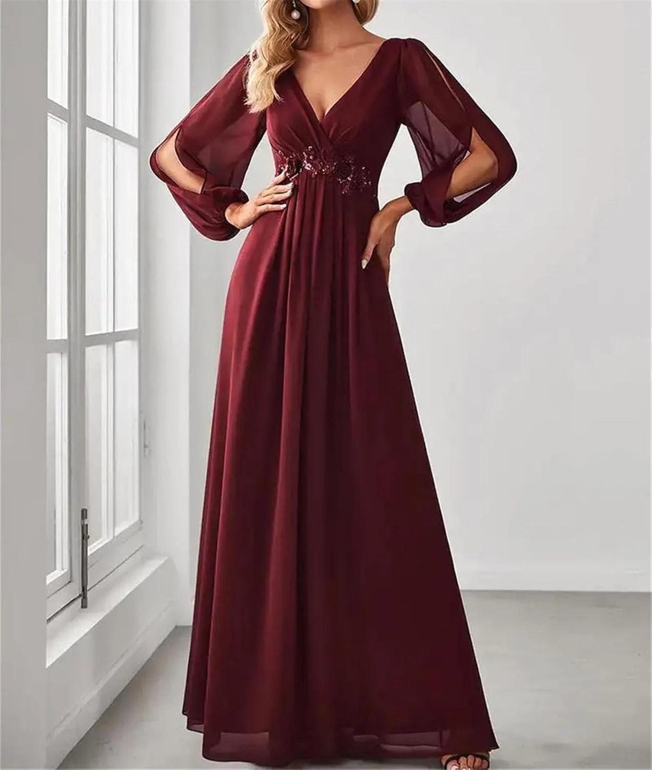 Women's V-Neck Long Lantern Sleeve Elegant Evening Dress Pretty A-Line Chiffon Burgundy Flower Belt Ball Gown