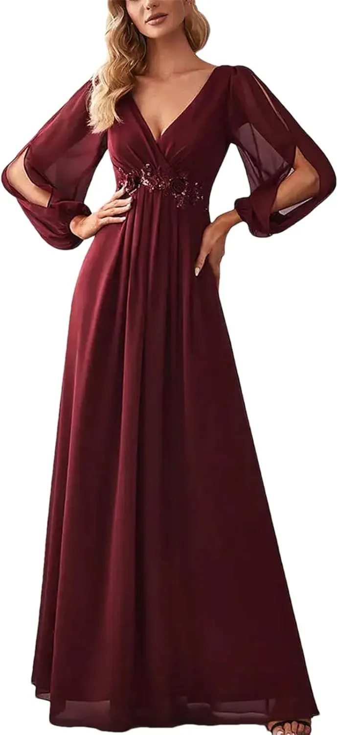 Women's V-Neck Long Lantern Sleeve Elegant Evening Dress Pretty A-Line Chiffon Burgundy Flower Belt Ball Gown