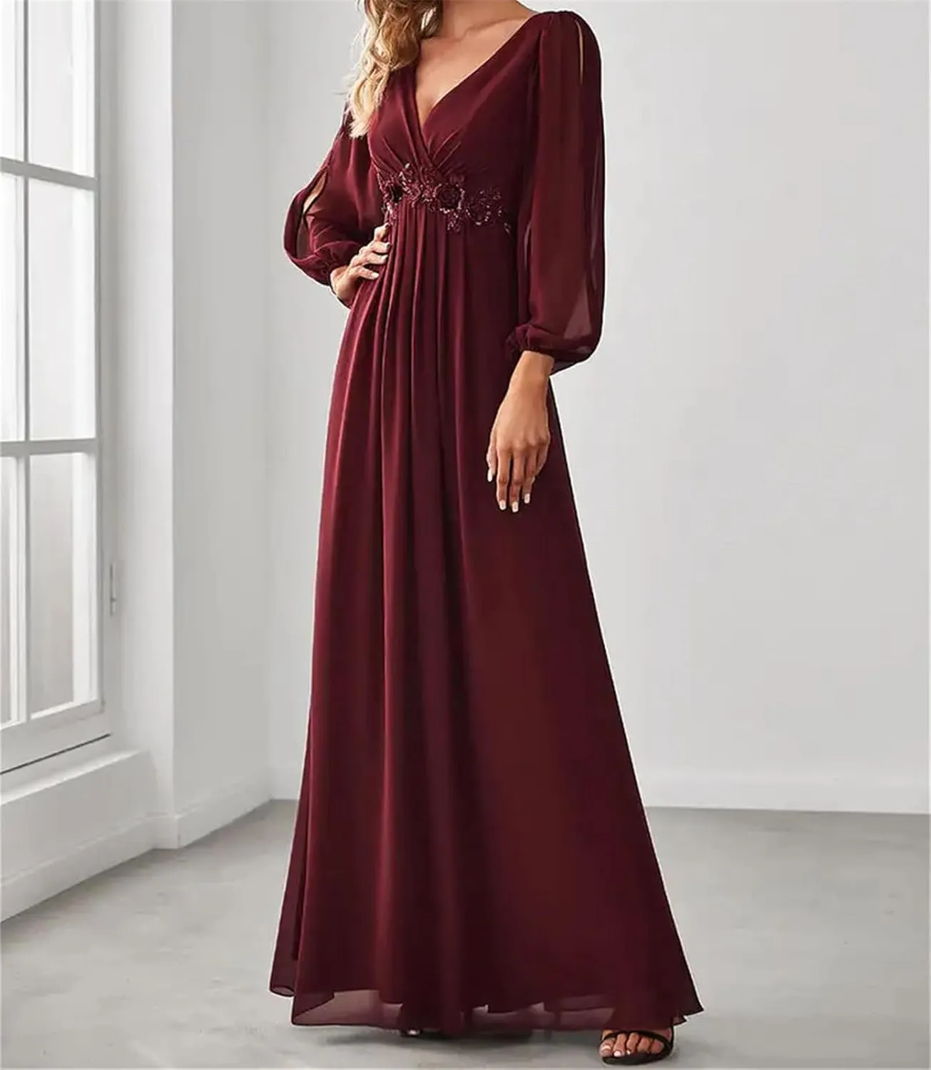 Women's V-Neck Long Lantern Sleeve Elegant Evening Dress Pretty A-Line Chiffon Burgundy Flower Belt Ball Gown