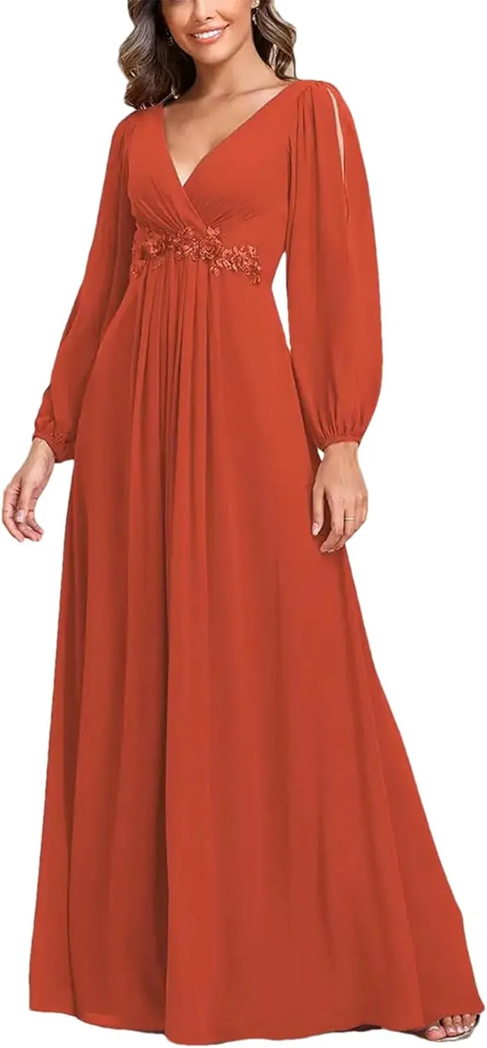 Women's V-Neck Long Lantern Sleeve Elegant Evening Dress Pretty A-Line Chiffon Burgundy Flower Belt Ball Gown