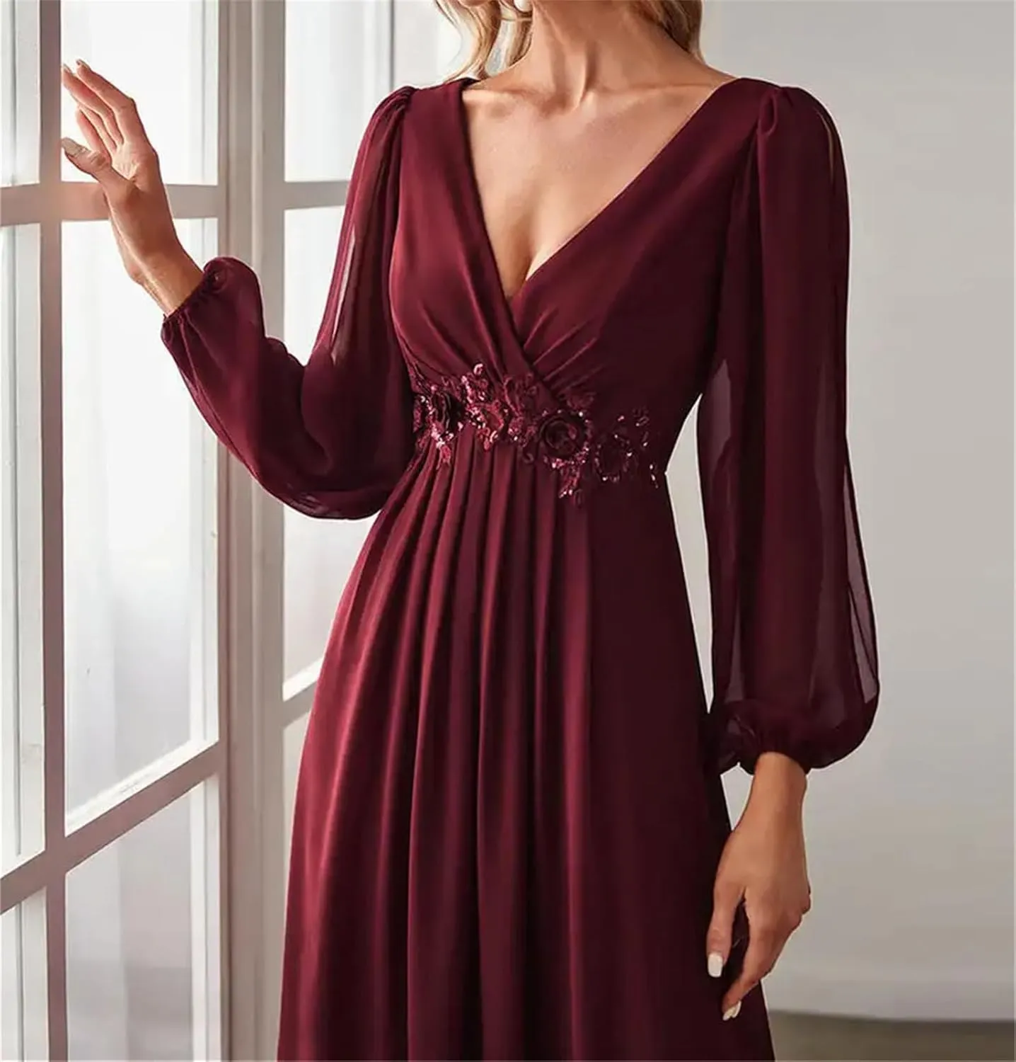 Women's V-Neck Long Lantern Sleeve Elegant Evening Dress Pretty A-Line Chiffon Burgundy Flower Belt Ball Gown