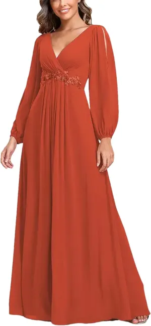 Women's V-Neck Long Lantern Sleeve Elegant Evening Dress Pretty A-Line Chiffon Burgundy Flower Belt Ball Gown