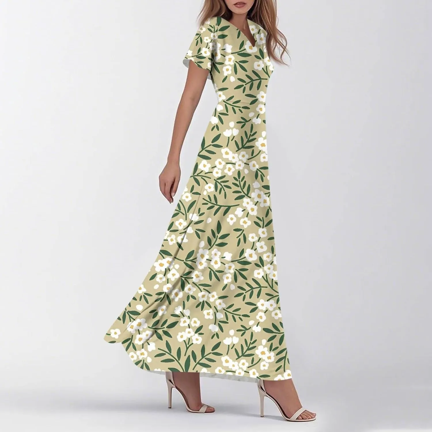 Women's Vacation Dresses Dresses 2025 Summer V Neck Ruffle Short Sleeve Floral Wedding Guest Maxi Dresses, XS-2XL