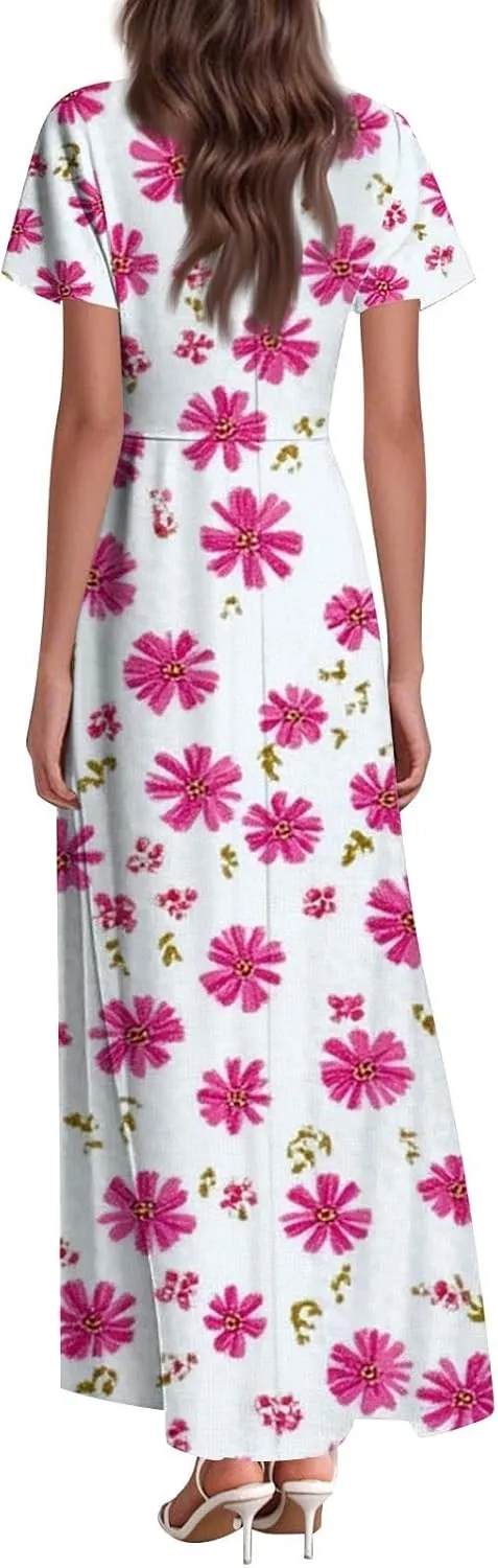 Women's Vacation Dresses Dresses 2025 Summer V Neck Ruffle Short Sleeve Floral Wedding Guest Maxi Dresses, XS-2XL