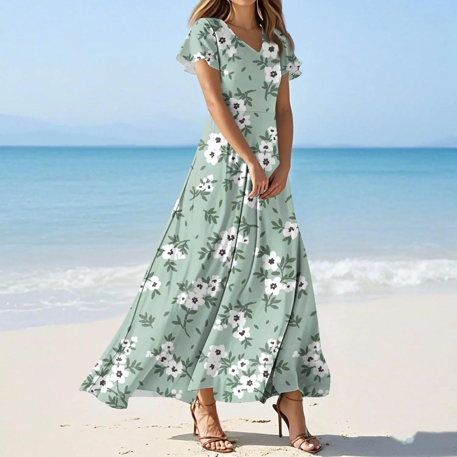 Women's Vacation Dresses Dresses 2025 Summer V Neck Ruffle Short Sleeve Floral Wedding Guest Maxi Dresses, XS-2XL