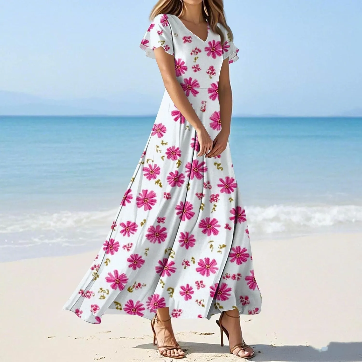 Women's Vacation Dresses Dresses 2025 Summer V Neck Ruffle Short Sleeve Floral Wedding Guest Maxi Dresses, XS-2XL