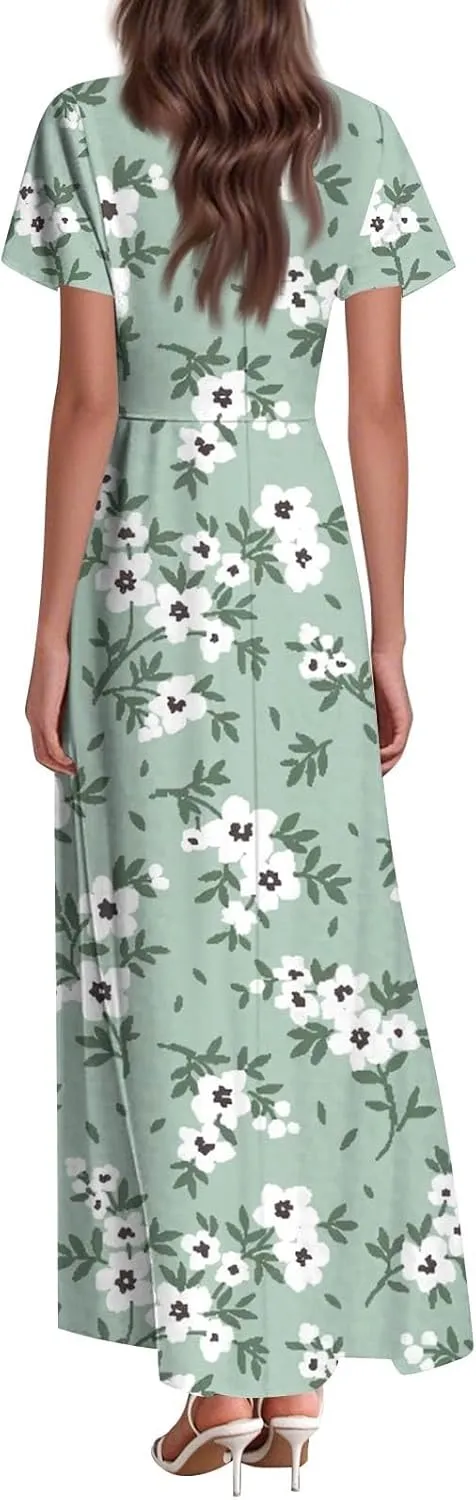 Women's Vacation Dresses Dresses 2025 Summer V Neck Ruffle Short Sleeve Floral Wedding Guest Maxi Dresses, XS-2XL