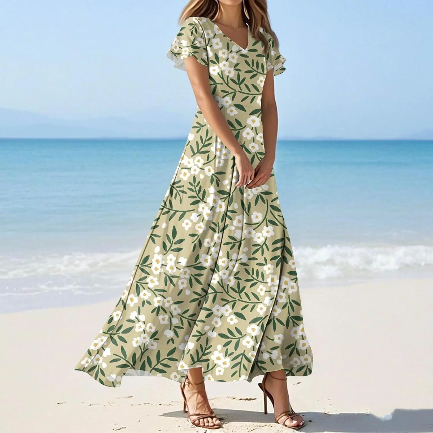 Women's Vacation Dresses Dresses 2025 Summer V Neck Ruffle Short Sleeve Floral Wedding Guest Maxi Dresses, XS-2XL