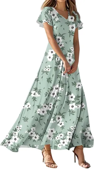 Women's Vacation Dresses Dresses 2025 Summer V Neck Ruffle Short Sleeve Floral Wedding Guest Maxi Dresses, XS-2XL