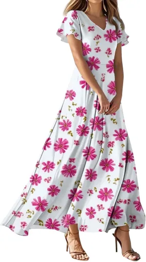 Women's Vacation Dresses Dresses 2025 Summer V Neck Ruffle Short Sleeve Floral Wedding Guest Maxi Dresses, XS-2XL