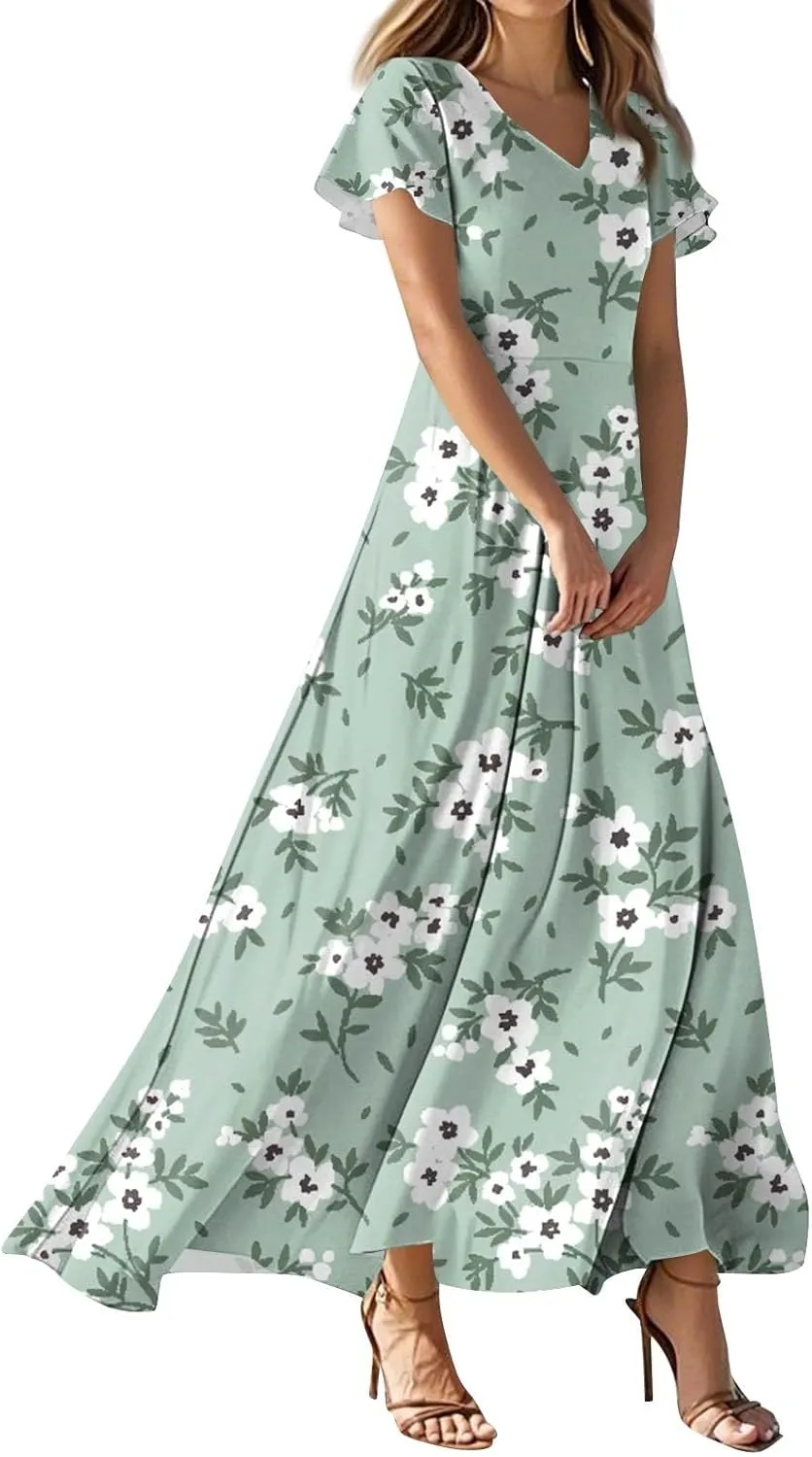 Women's Vacation Dresses Dresses 2025 Summer V Neck Ruffle Short Sleeve Floral Wedding Guest Maxi Dresses, XS-2XL