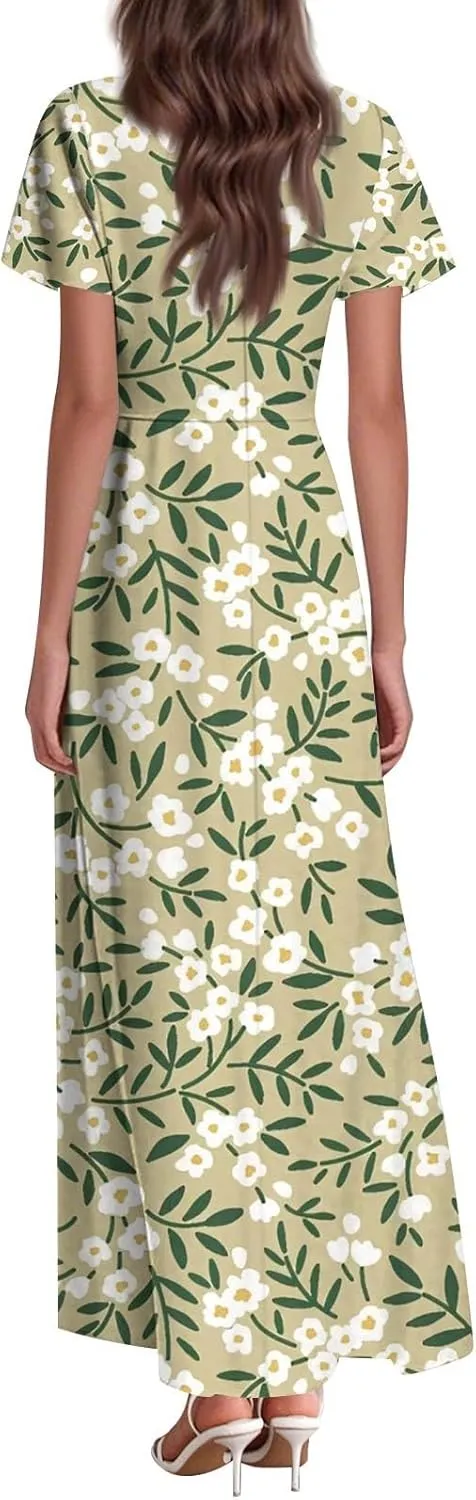 Women's Vacation Dresses Dresses 2025 Summer V Neck Ruffle Short Sleeve Floral Wedding Guest Maxi Dresses, XS-2XL