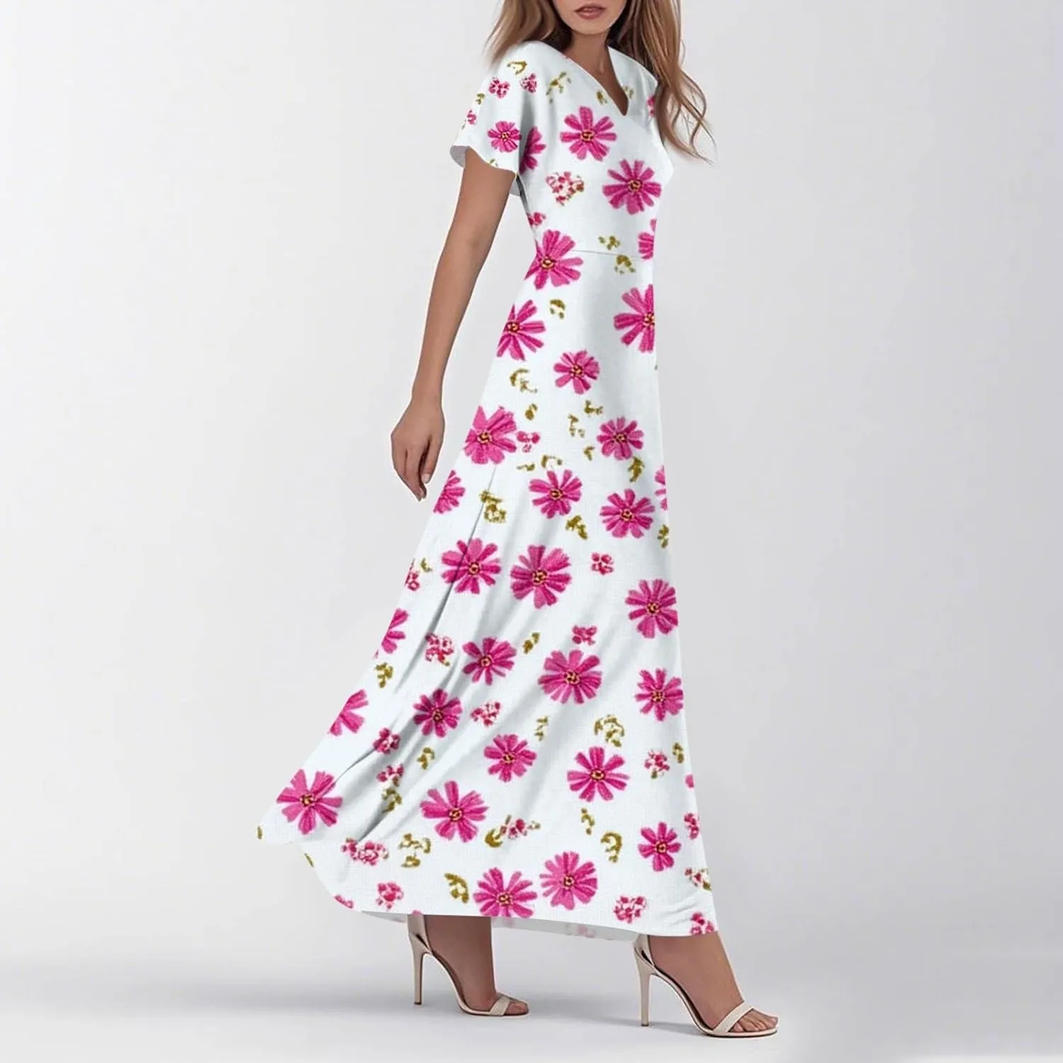 Women's Vacation Dresses Dresses 2025 Summer V Neck Ruffle Short Sleeve Floral Wedding Guest Maxi Dresses, XS-2XL