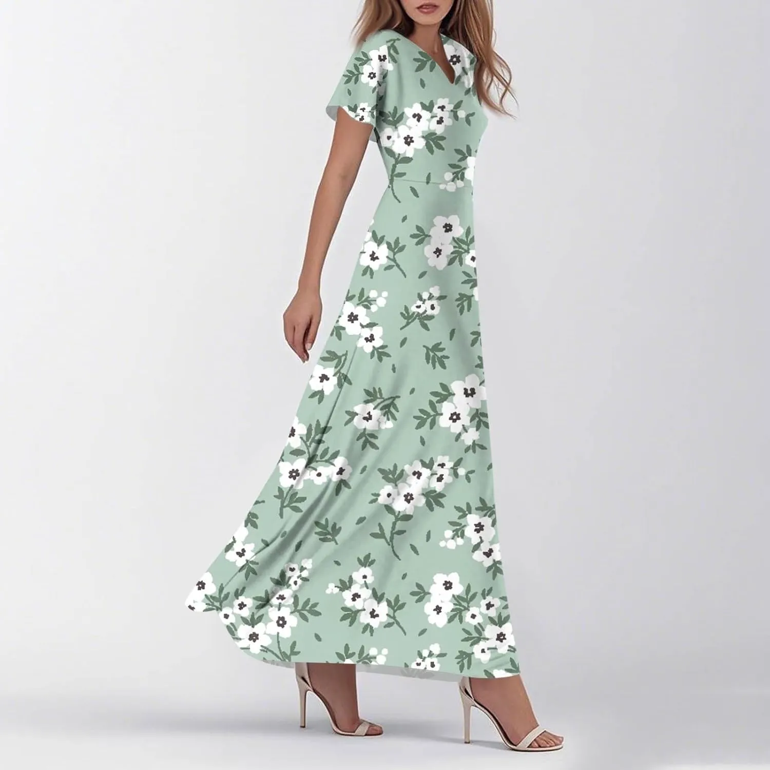 Women's Vacation Dresses Dresses 2025 Summer V Neck Ruffle Short Sleeve Floral Wedding Guest Maxi Dresses, XS-2XL