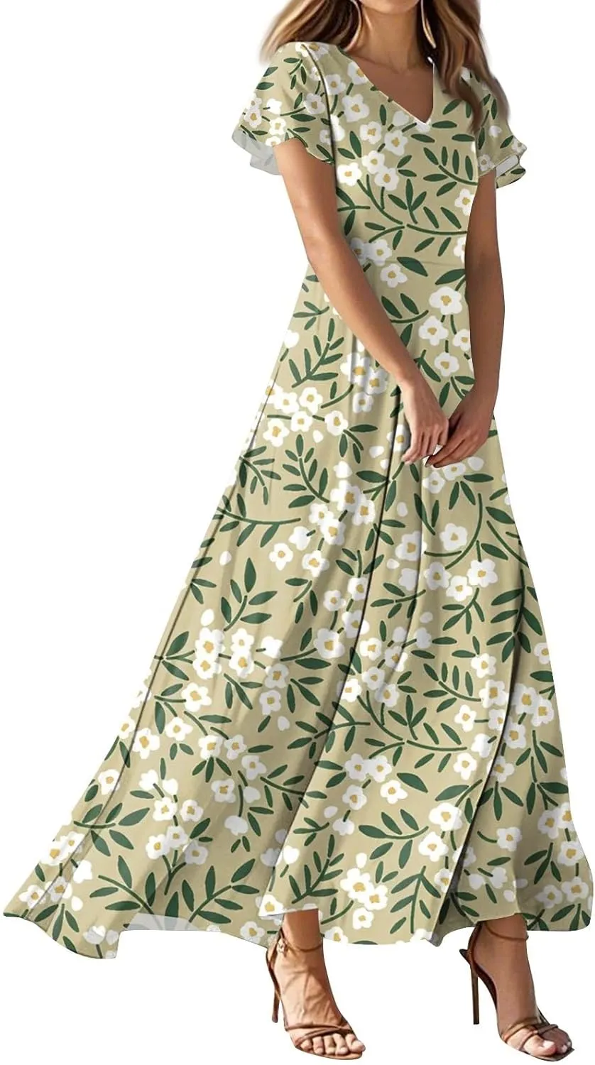 Women's Vacation Dresses Dresses 2025 Summer V Neck Ruffle Short Sleeve Floral Wedding Guest Maxi Dresses, XS-2XL