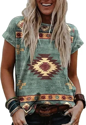 Women's WesternTribal Ethnic Print Shirts Sleek Casual Tops Classic O Neck Short Sleeve Shirts T Shirts