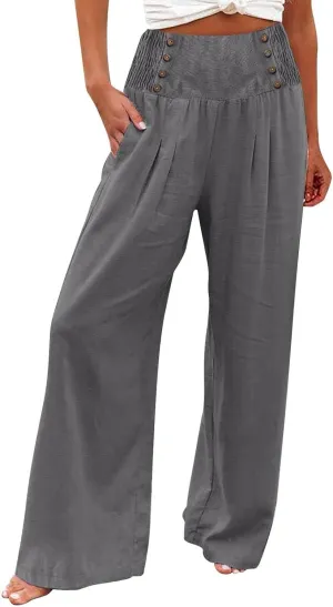 Women's Wide Leg Pants High Waist Linen Trousers Solid Elastic Waist Slim Fit Pants with Pockets Loose Lounge Pants