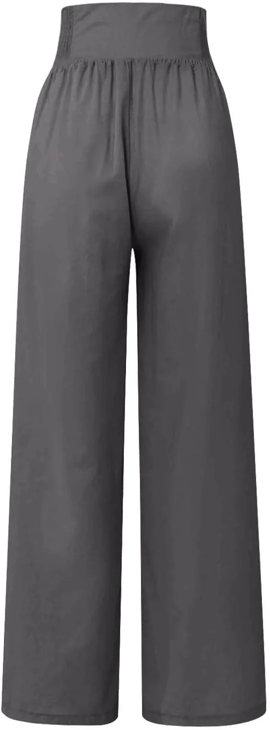 Women's Wide Leg Pants High Waist Linen Trousers Solid Elastic Waist Slim Fit Pants with Pockets Loose Lounge Pants