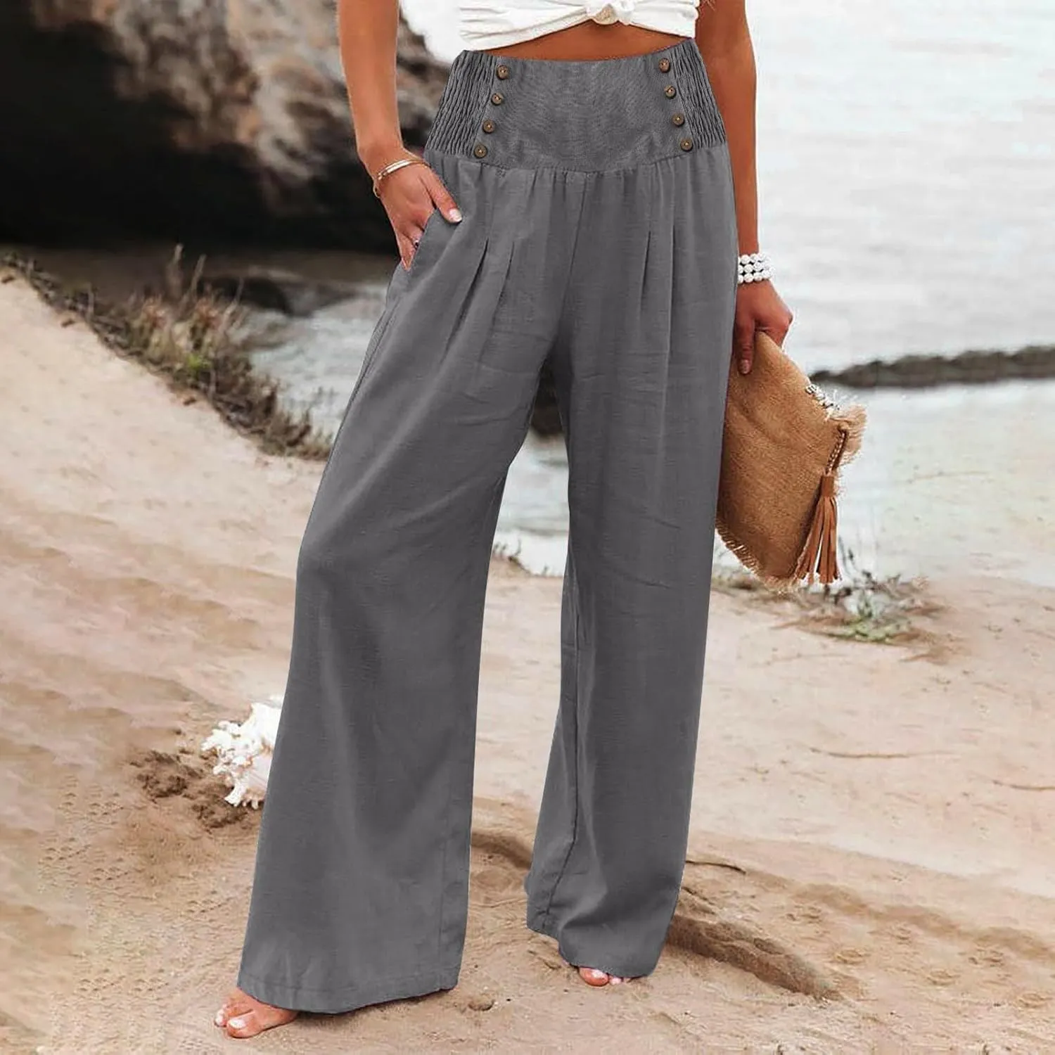 Women's Wide Leg Pants High Waist Linen Trousers Solid Elastic Waist Slim Fit Pants with Pockets Loose Lounge Pants