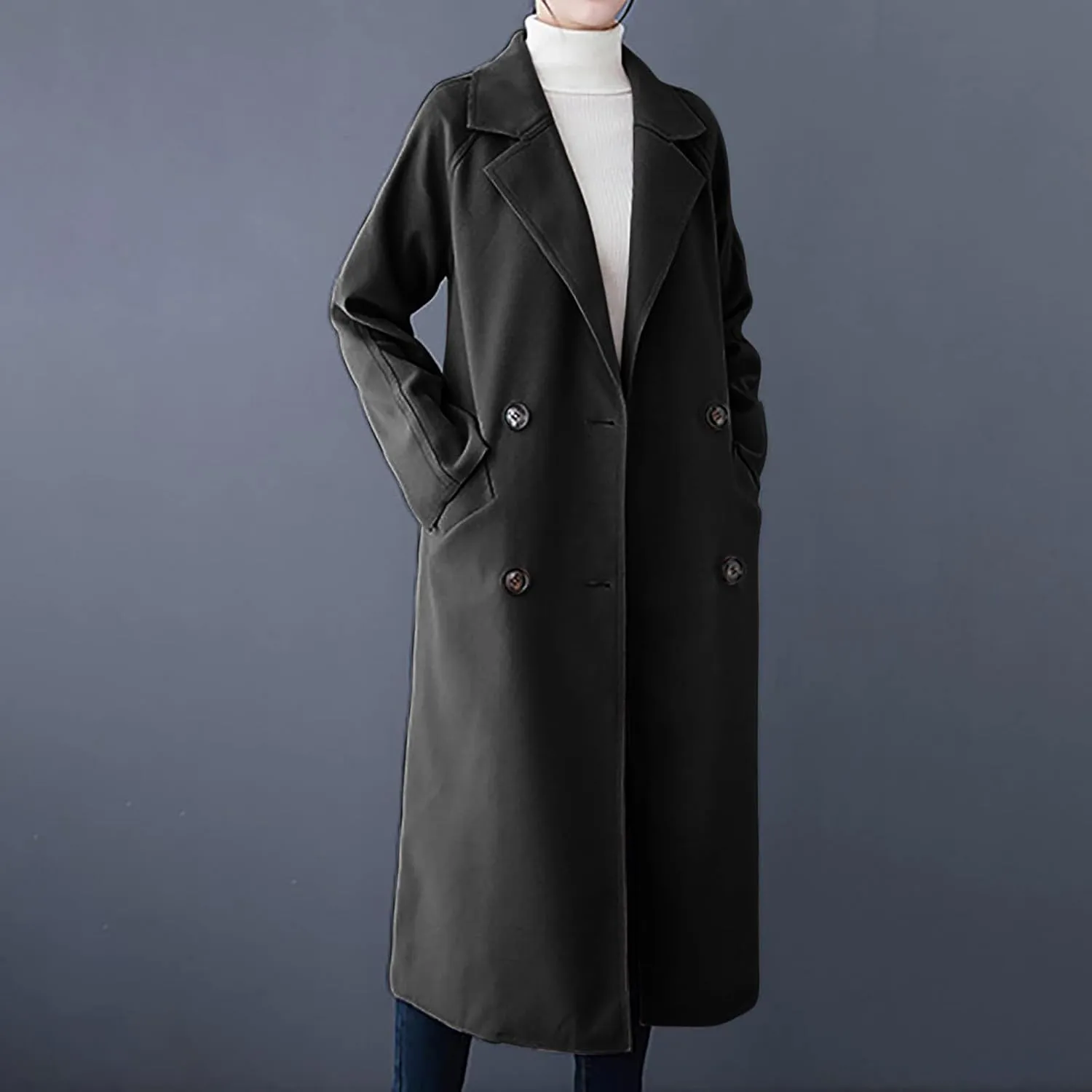 Womens Winter Casual Trench Coat Long Button Down Lapel Overcoat 2024 Trendy Classic Outerwear with Belt Jackets Coats