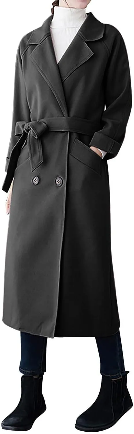 Womens Winter Casual Trench Coat Long Button Down Lapel Overcoat 2024 Trendy Classic Outerwear with Belt Jackets Coats