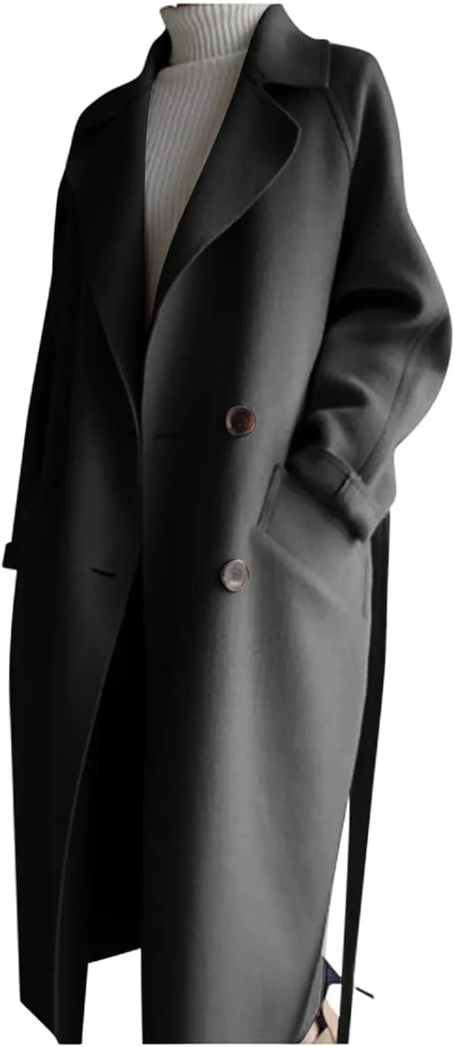 Womens Winter Casual Trench Coat Long Button Down Lapel Overcoat 2024 Trendy Classic Outerwear with Belt Jackets Coats