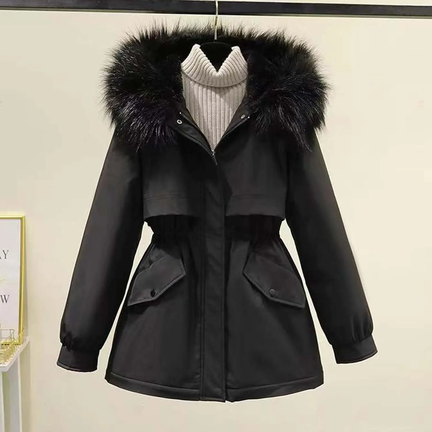 Women's Winter Warm Thicken Sherpa Lined Trench Coat Windproof Faux Fur Fuzzy Waisted Soft Hooded Parka Coat Jacket