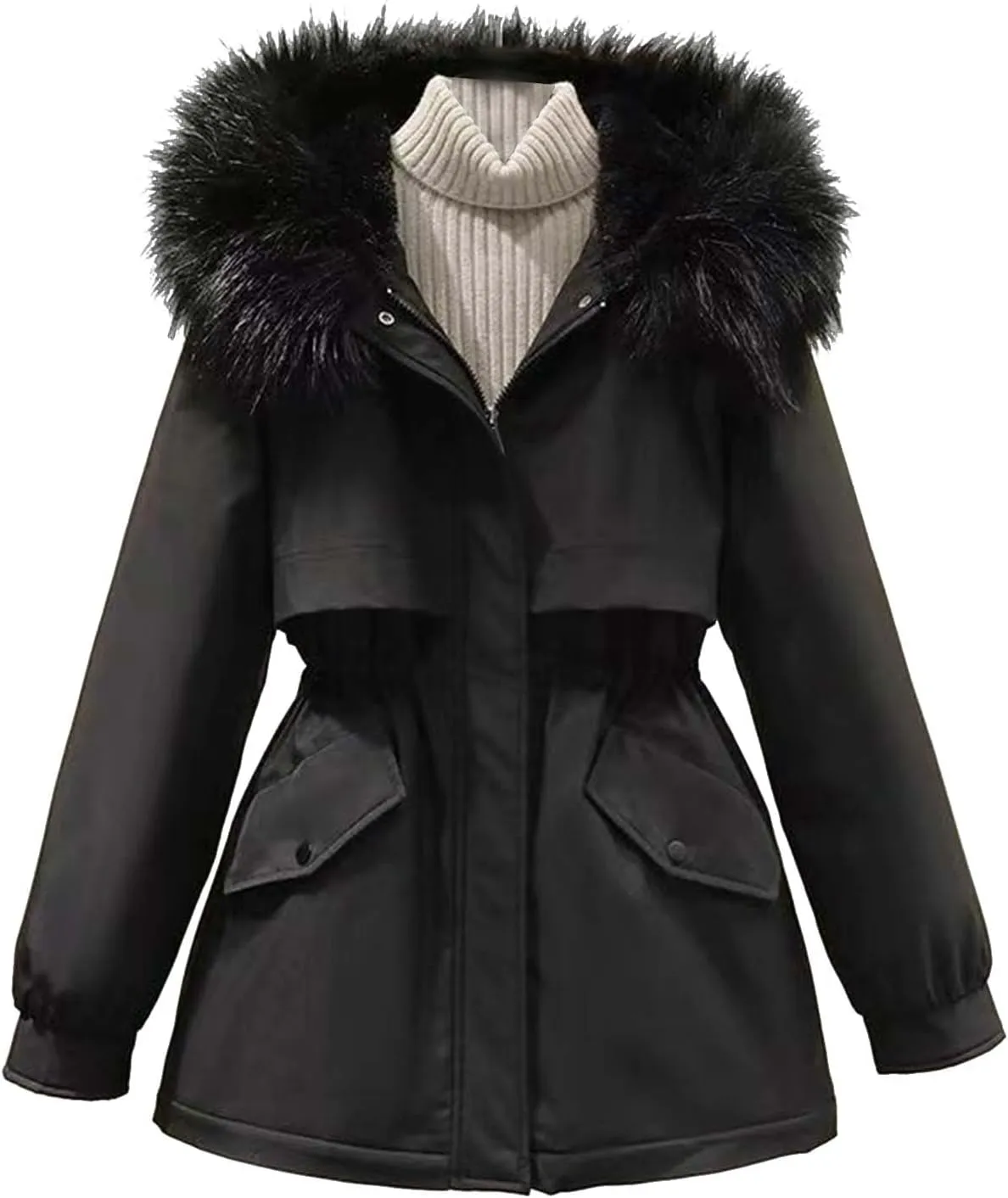 Women's Winter Warm Thicken Sherpa Lined Trench Coat Windproof Faux Fur Fuzzy Waisted Soft Hooded Parka Coat Jacket