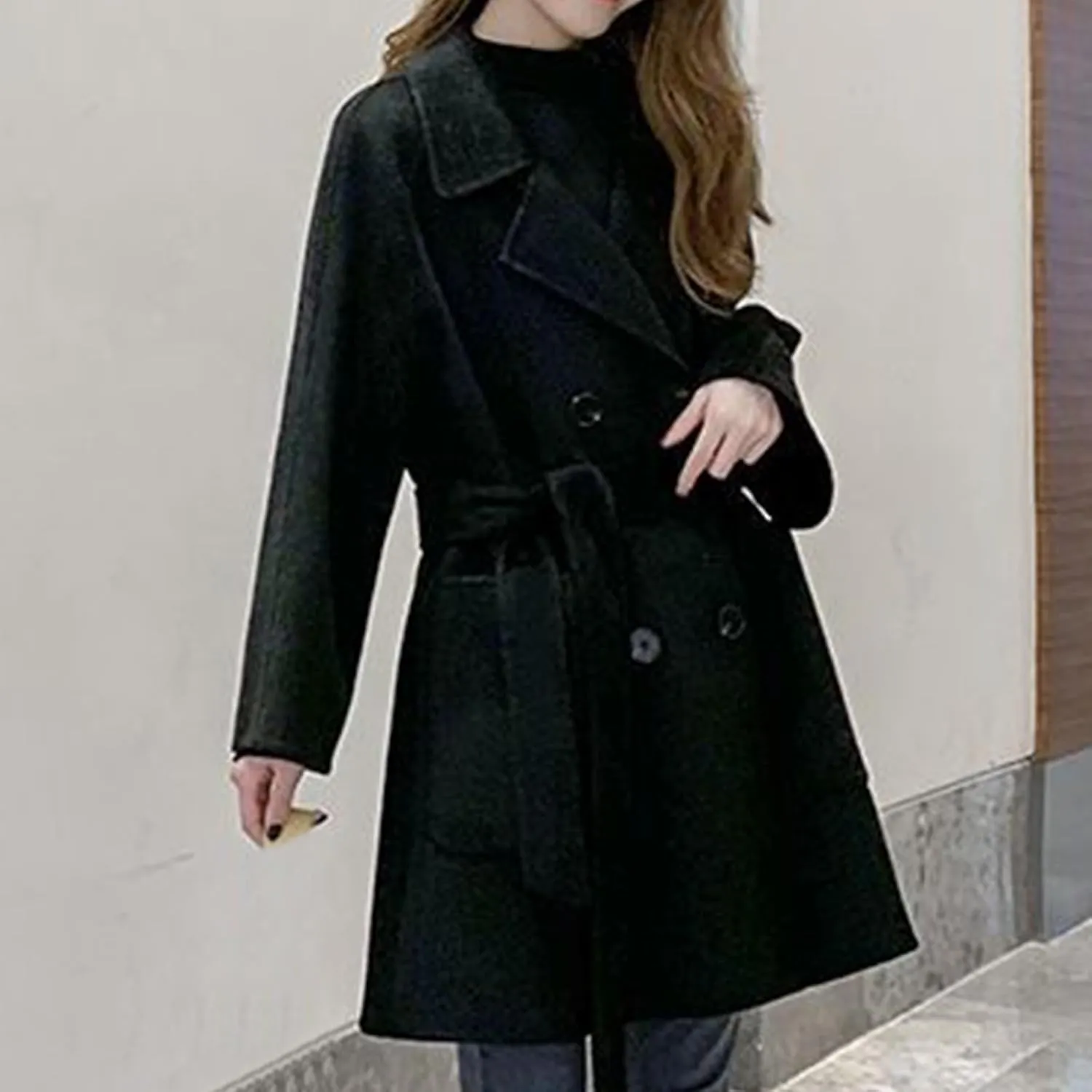 Womens Winter Wool Pea Coat Warm Notched Collar Double Breasted Trench Coat Overcoat Oversized Long Jacket Outerwear
