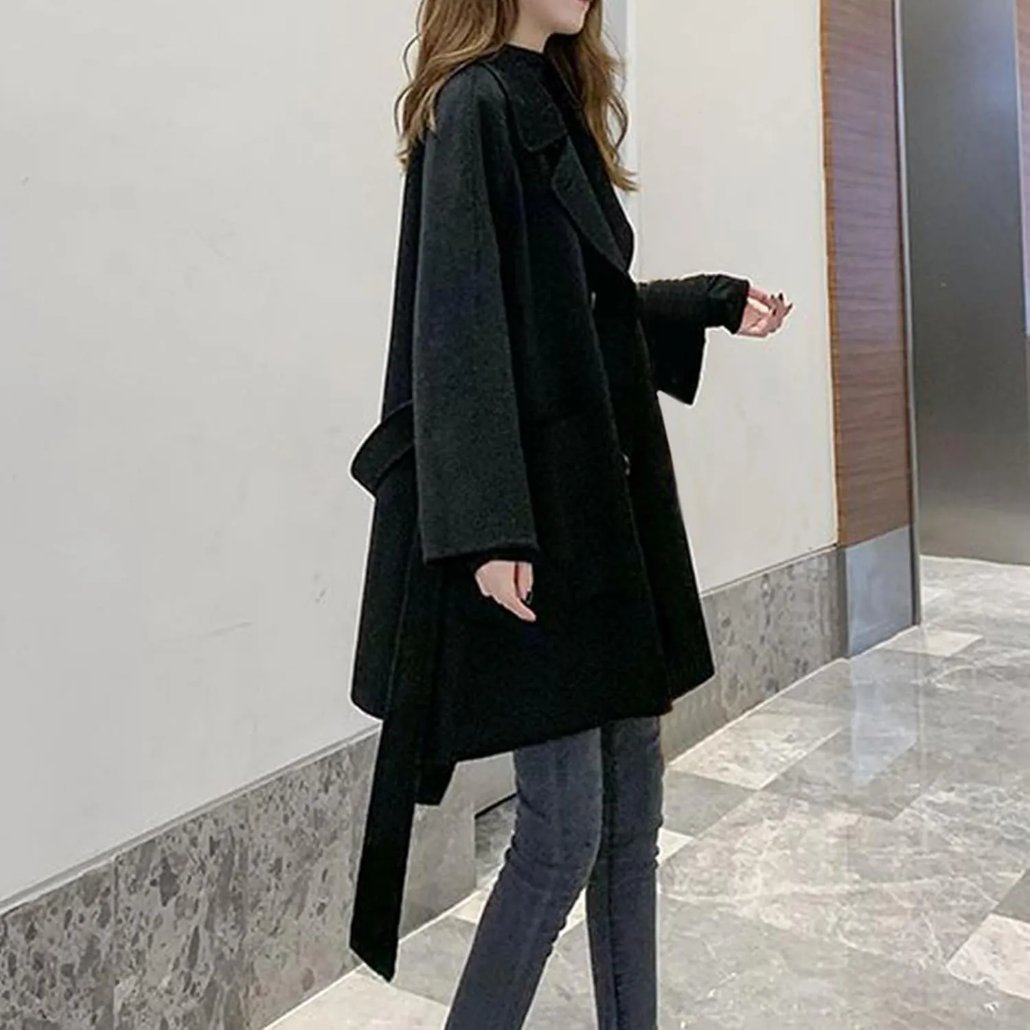 Womens Winter Wool Pea Coat Warm Notched Collar Double Breasted Trench Coat Overcoat Oversized Long Jacket Outerwear