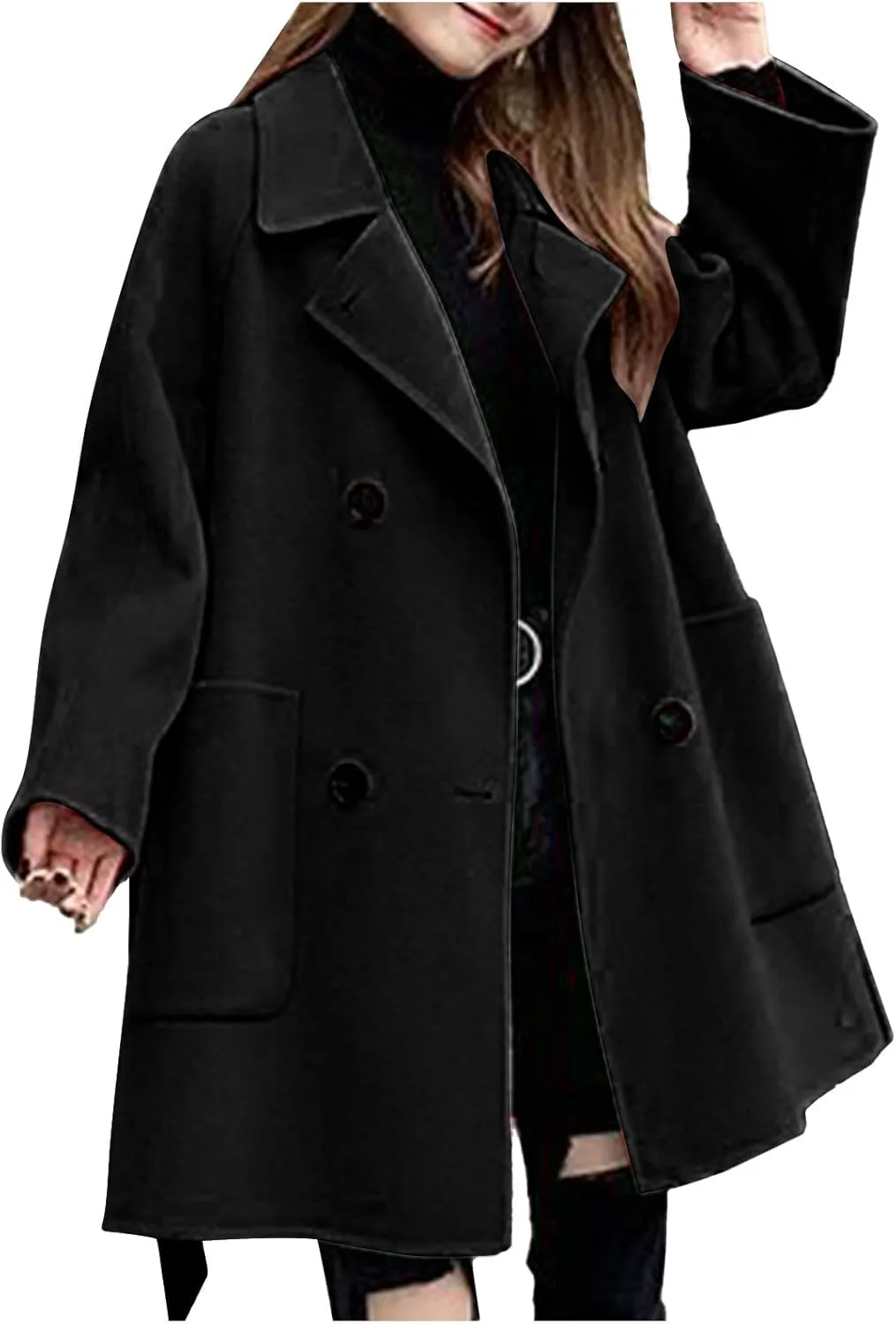 Womens Winter Wool Pea Coat Warm Notched Collar Double Breasted Trench Coat Overcoat Oversized Long Jacket Outerwear