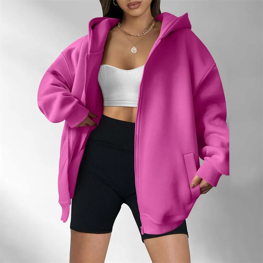 Womens Zip Up Hoodies Oversized Sweatshirt Long Sleeve Fleece Jackets Y2K Outfits Hooded Sweatshirt with Pockets