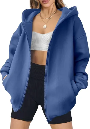 Womens Zip Up Hoodies Oversized Sweatshirt Long Sleeve Fleece Jackets Y2K Outfits Hooded Sweatshirt with Pockets
