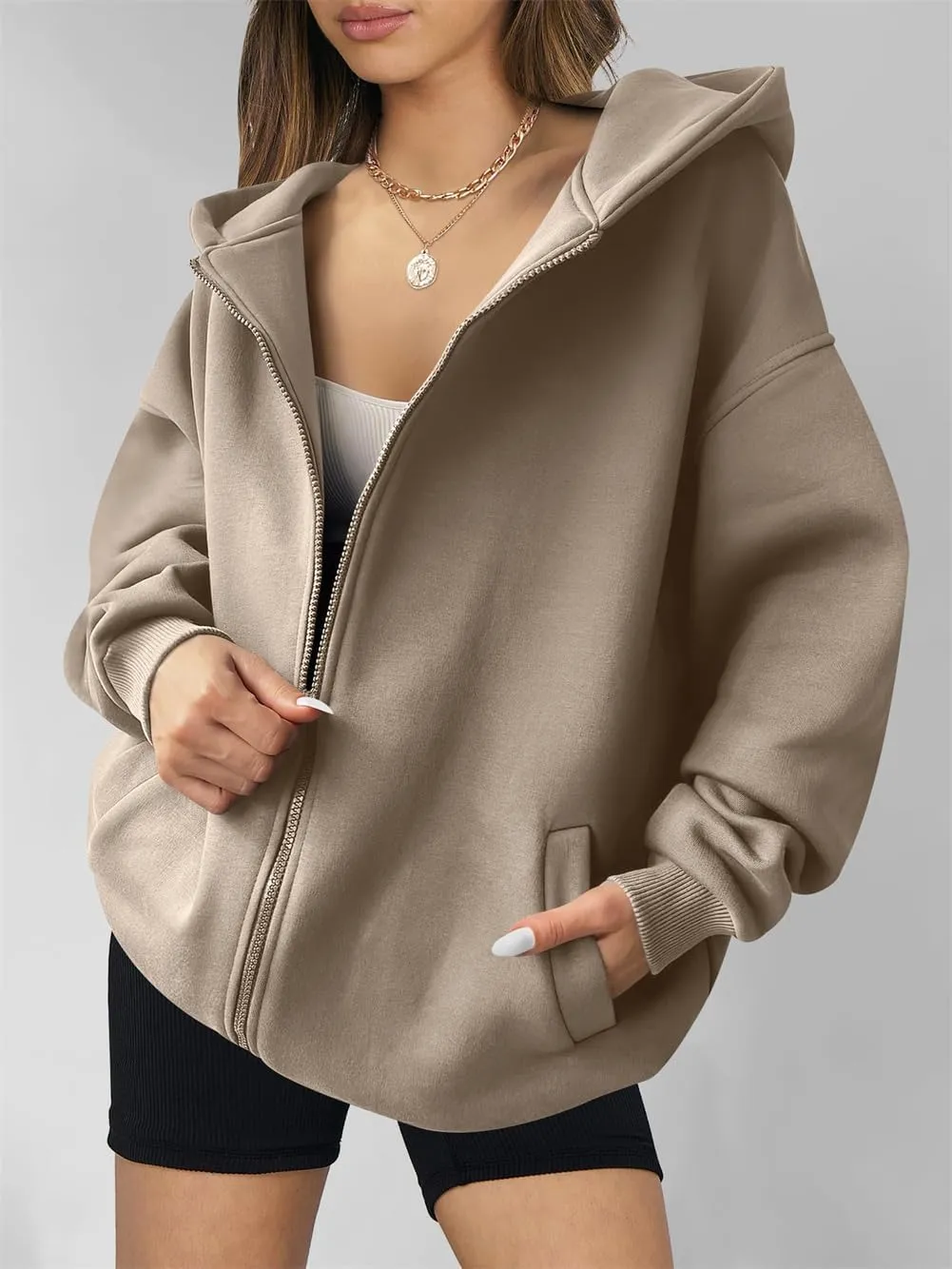 Womens Zip Up Hoodies Oversized Sweatshirt Long Sleeve Fleece Jackets Y2K Outfits Hooded Sweatshirt with Pockets