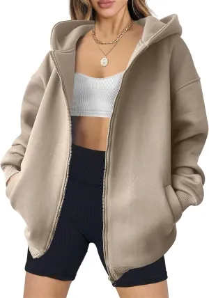 Womens Zip Up Hoodies Oversized Sweatshirt Long Sleeve Fleece Jackets Y2K Outfits Hooded Sweatshirt with Pockets