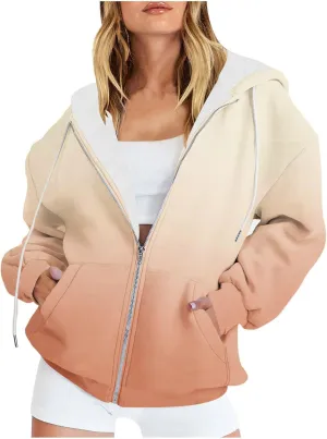 Womens Zip Up Hoodies Sherpa Lined Fleece Thermal Jacket Full Zip Long Sleeve Sweatshirts Gradient Color Shirts Coat