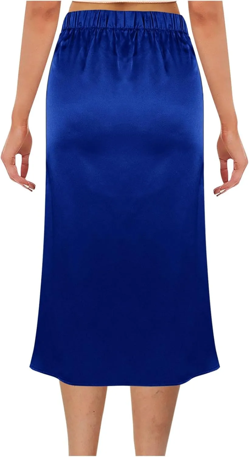 Xiaojmake Satin Skirts for Women Trendy High Waisted Waistband Flared Casual A Line Midi Skirt Zipper Elegant Work Skirts