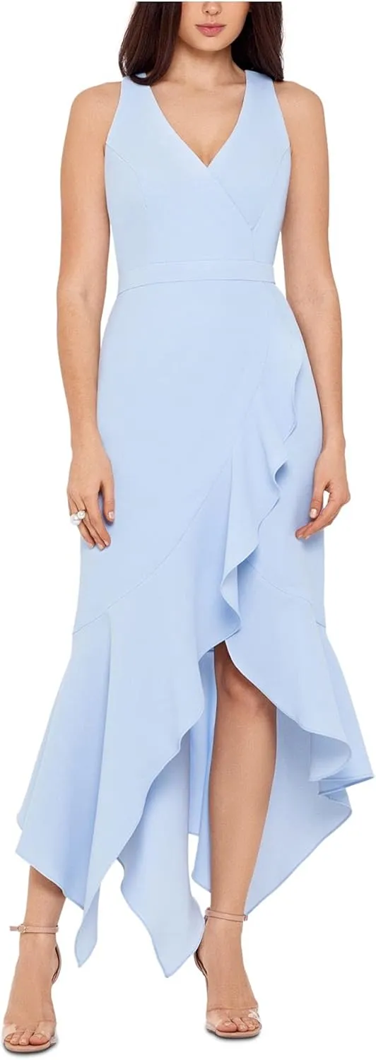Xscape Womens Ruffled Hi-Low Evening Dress Blue 14