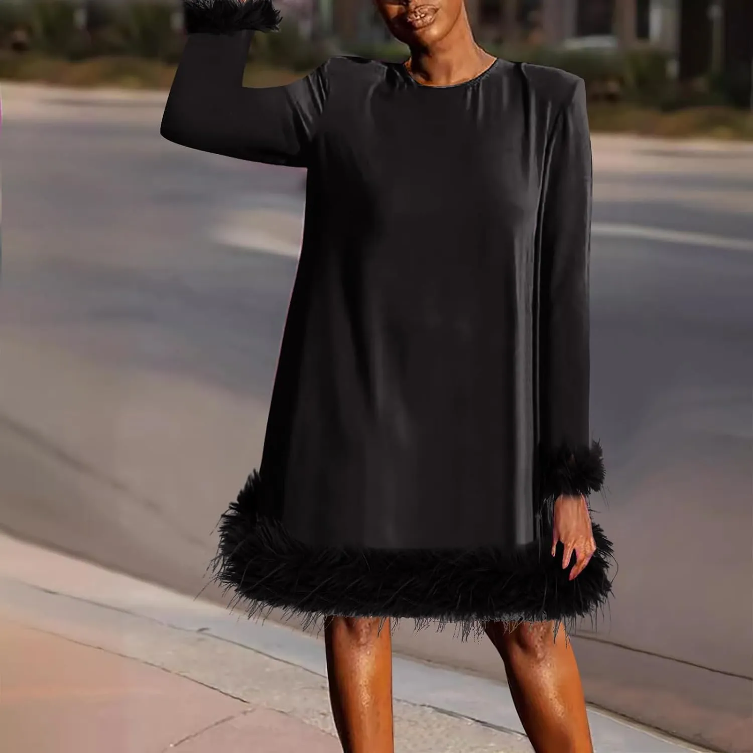 XUNRYAN Womens Feather Dress Trendy Long Sleeve Plus Size Elegant Formal Faux-Fur Trim Flowy Casual Cute Party Midi Dress