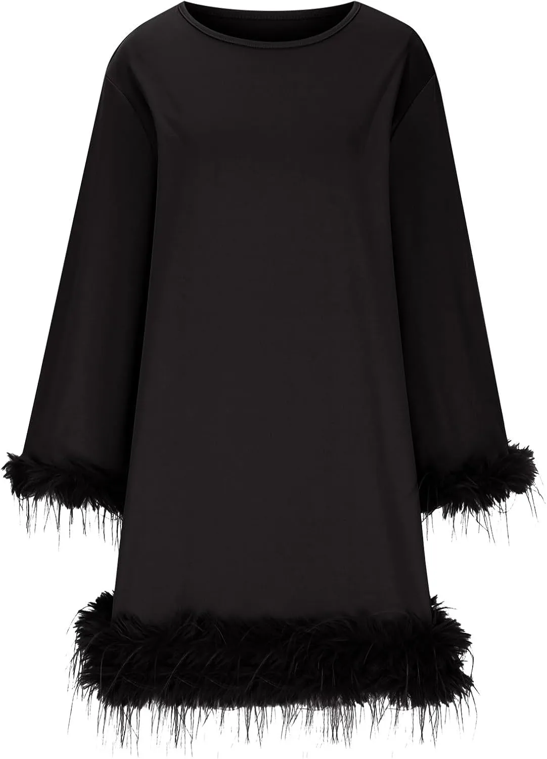 XUNRYAN Womens Feather Dress Trendy Long Sleeve Plus Size Elegant Formal Faux-Fur Trim Flowy Casual Cute Party Midi Dress
