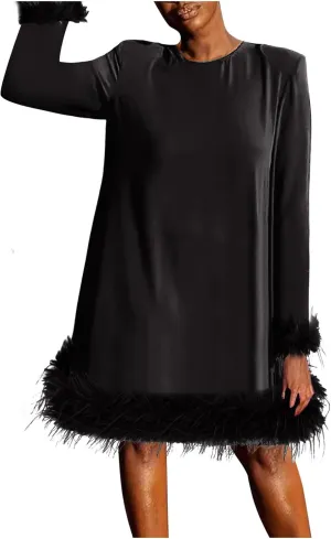 XUNRYAN Womens Feather Dress Trendy Long Sleeve Plus Size Elegant Formal Faux-Fur Trim Flowy Casual Cute Party Midi Dress