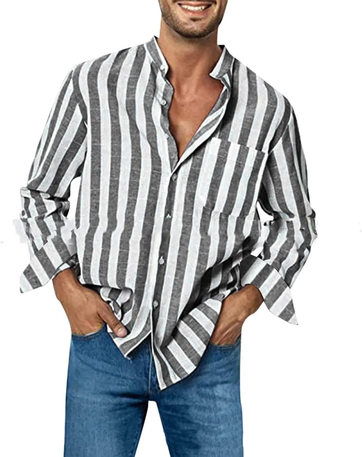 YawYews Men's Casual Long Sleeve Button Down Shirts Linen Striped Dress Shirts Beach Work Yoga Shirts