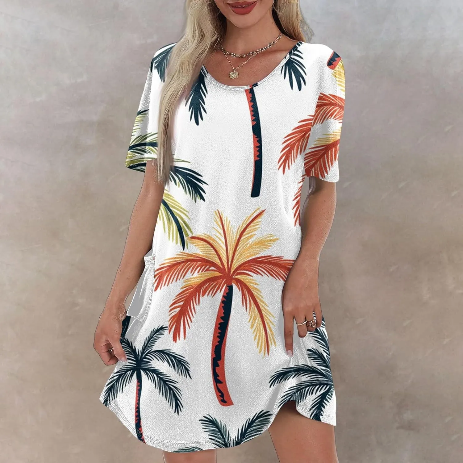 Yesunpxs Summer Dresses for Women 2025 Trendy Print Short Sleeve Sundress Beach Vacation Round Neck Dress Casual Dresses