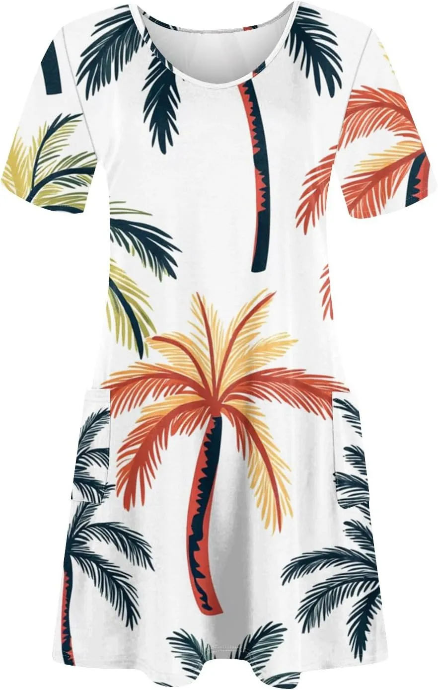 Yesunpxs Summer Dresses for Women 2025 Trendy Print Short Sleeve Sundress Beach Vacation Round Neck Dress Casual Dresses