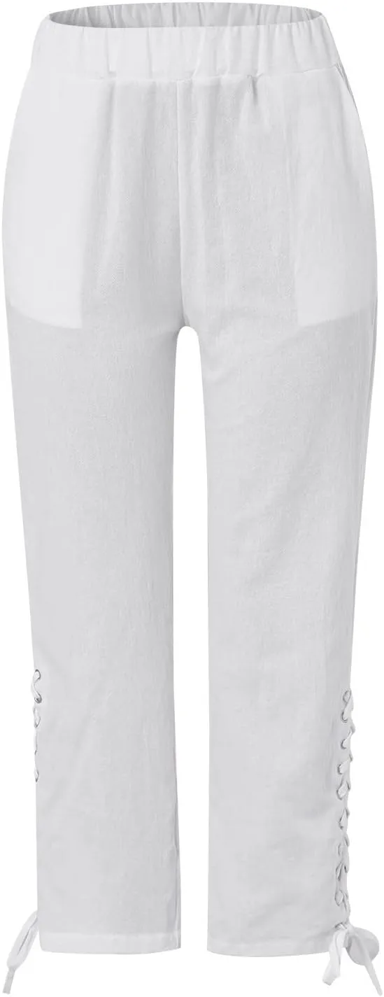 YOLAI Cropped Cotton Linen Trousers for Women High Waist Drawstring Pants with Pockets Summer Lightweight Beach Harem Pant (White, M)