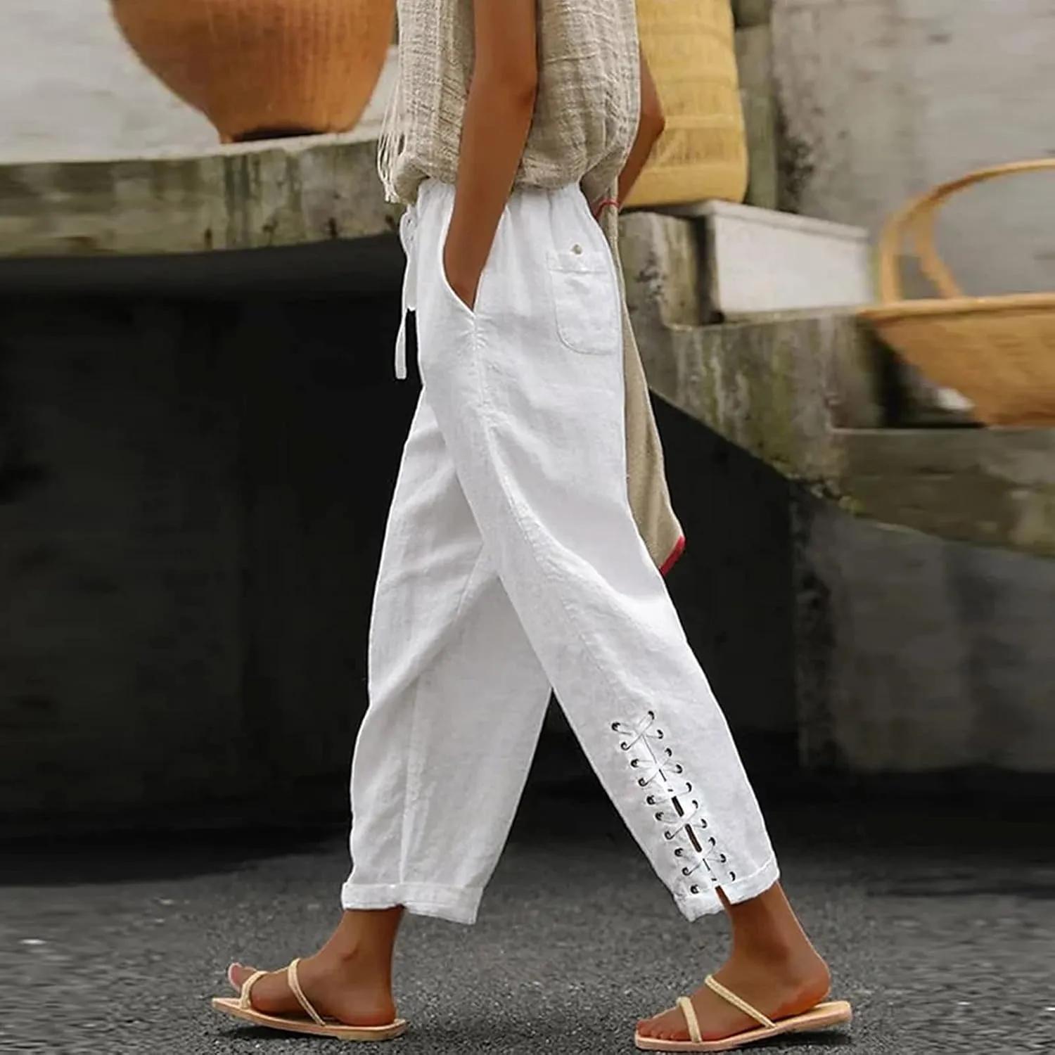 YOLAI Cropped Cotton Linen Trousers for Women High Waist Drawstring Pants with Pockets Summer Lightweight Beach Harem Pant (White, M)