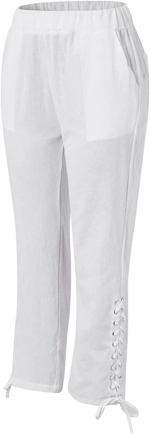 YOLAI Cropped Cotton Linen Trousers for Women High Waist Drawstring Pants with Pockets Summer Lightweight Beach Harem Pant (White, M)