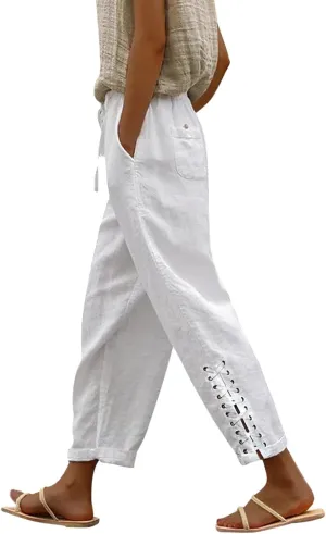 YOLAI Cropped Cotton Linen Trousers for Women High Waist Drawstring Pants with Pockets Summer Lightweight Beach Harem Pant (White, M)